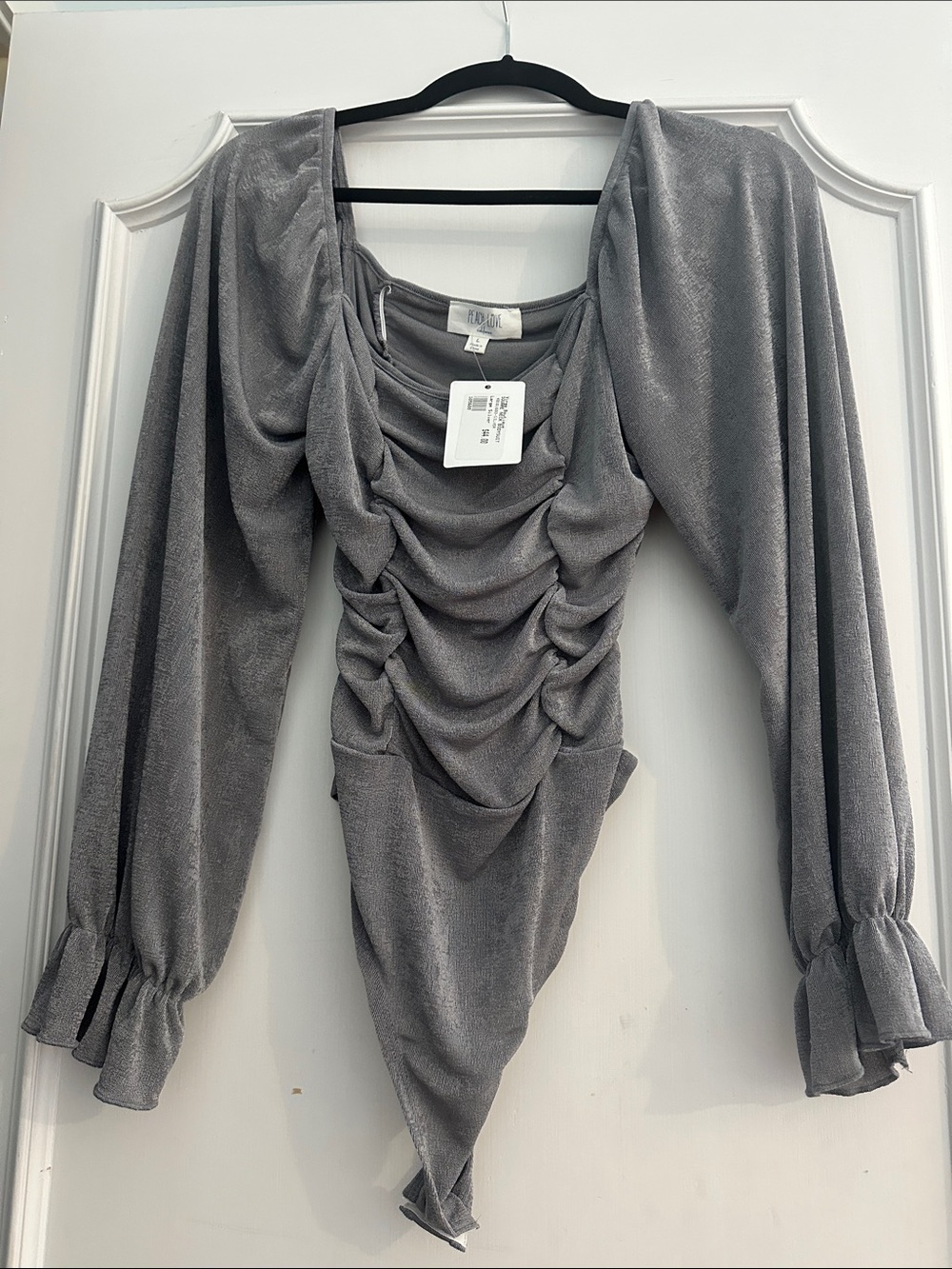 Gray Ruched Long-Sleeve body suit